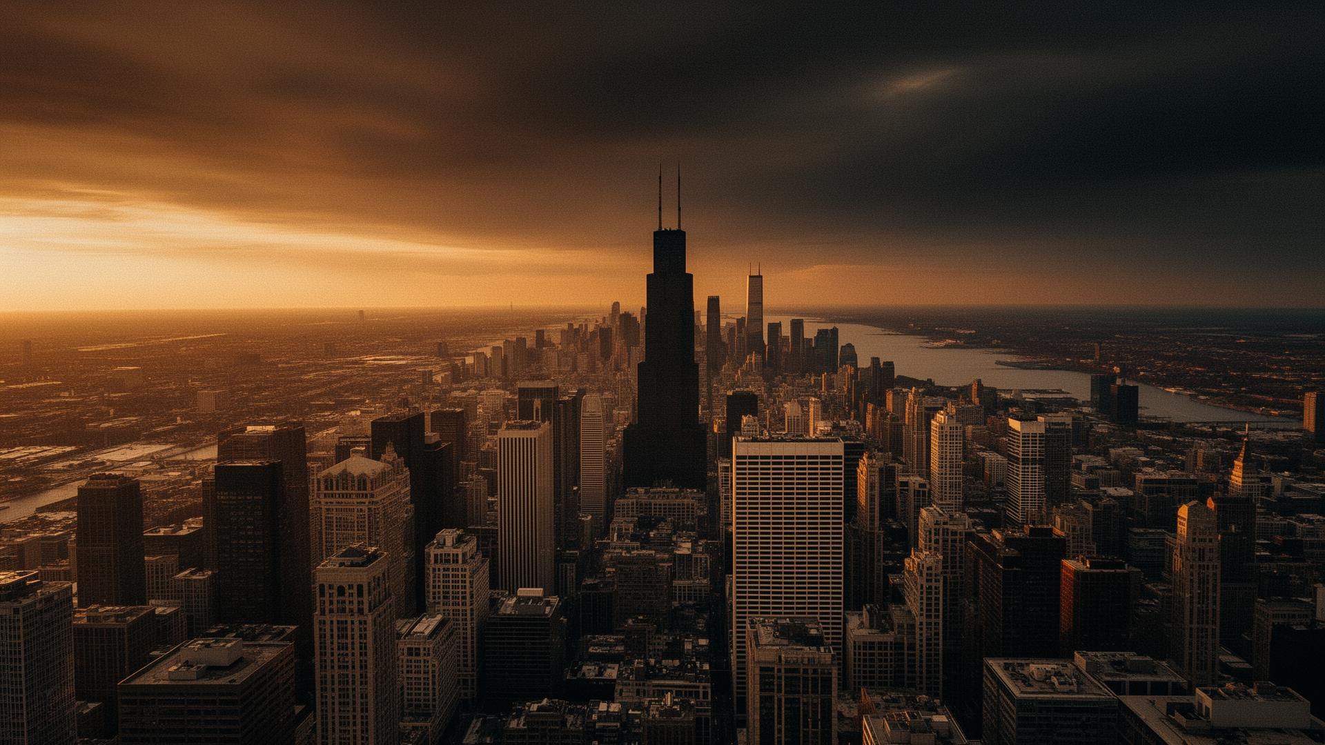 Chicago skyline at dusk through an elevator window