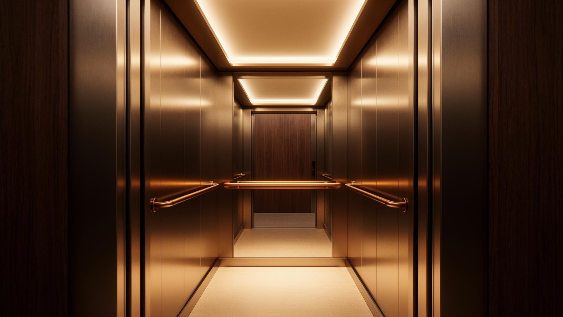 Elevator interior with brushed stainless steel and bronze handrails