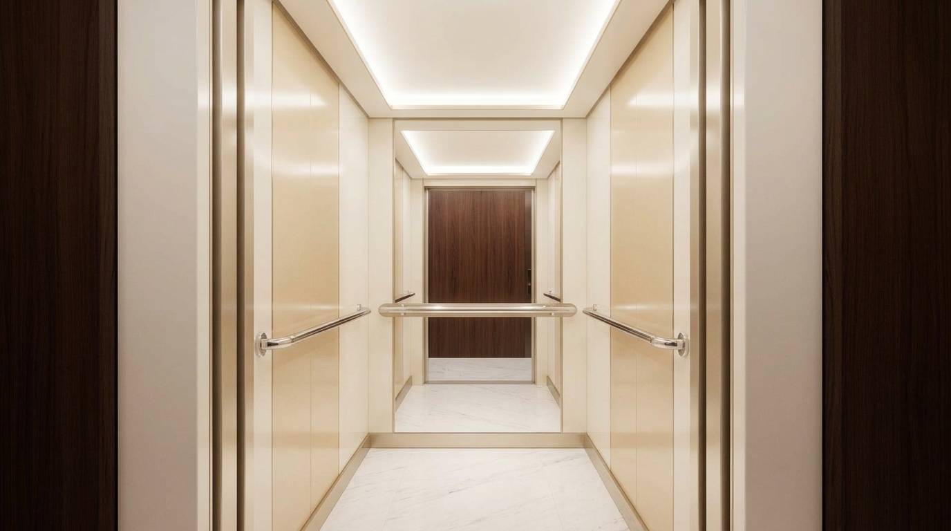 Elevator interior with brushed stainless steel and bronze handrails