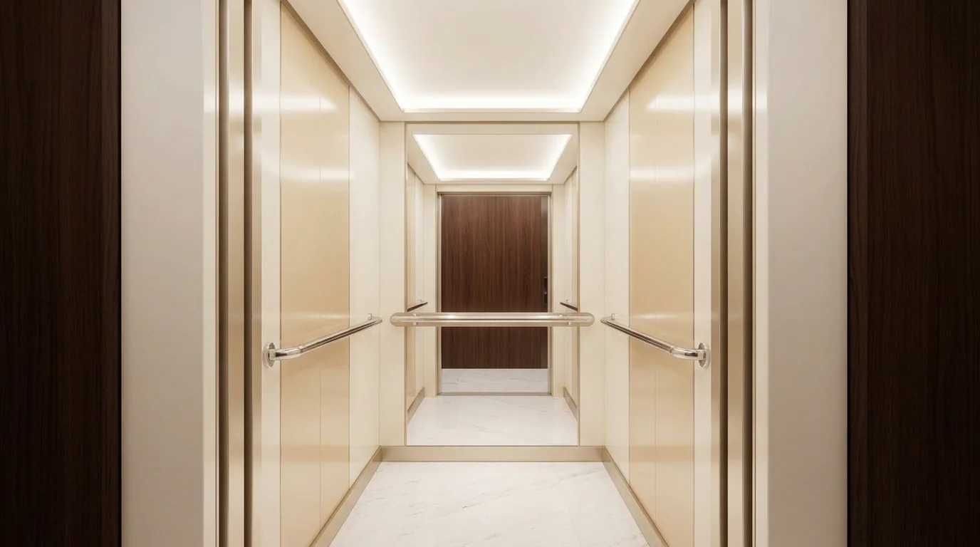 Custom elevator interior with architectural panels and integrated lighting